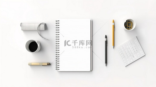 文具用品背景背景图片_3D 渲染白色办公桌的顶视图，配有文具用品和空白笔记本