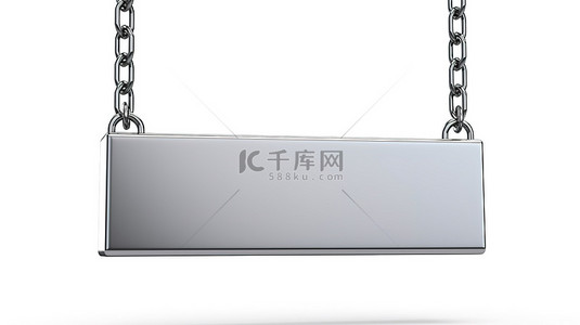 模板标签背景图片_由链条悬挂的白色背景上的 3D 渲染金属标牌