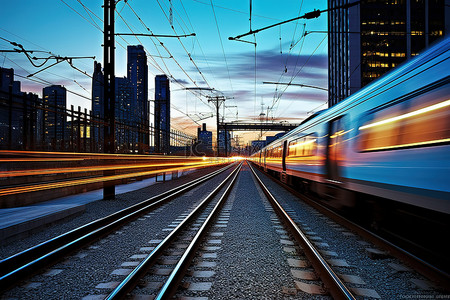 火车轨道背景图片_黄昏城市的地铁里的火车在城市街道的黄昏火车轨道上
