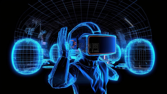 虚拟世界技术 3D 线框概念的 VR 和在线网络令人惊叹的 3D 渲染