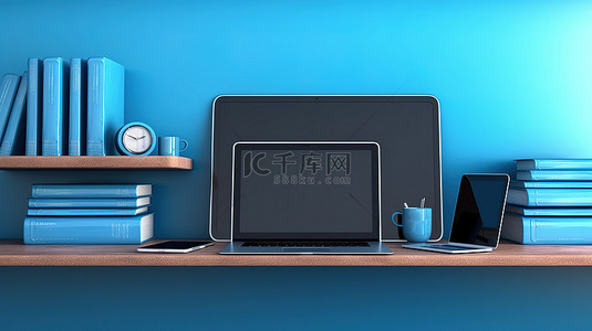 蓝色墙架上的三重技术三重奏笔记本电脑手机和数字平板电脑，3D 插图中的垂直背景