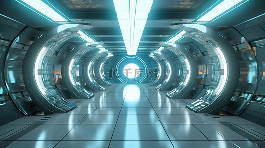 反光抽象 3D 渲染背景与未来科幻隧道走道