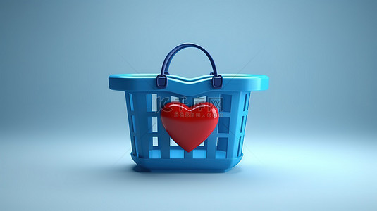 蓝色电子商务背景背景图片_3D 渲染简约蓝色卡通篮，用于红心杂货