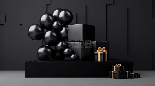 黑色星期五讲台设计的高级 PSD，带有 3D 气球和礼品盒