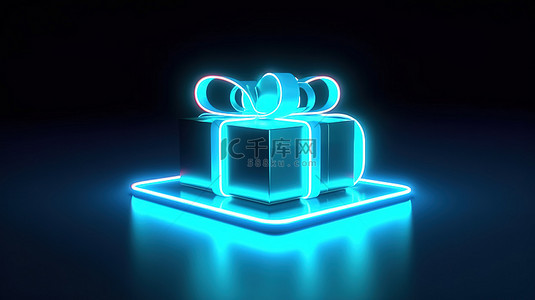 蓝色背景下形状像礼物的 3D 渲染霓虹灯框架