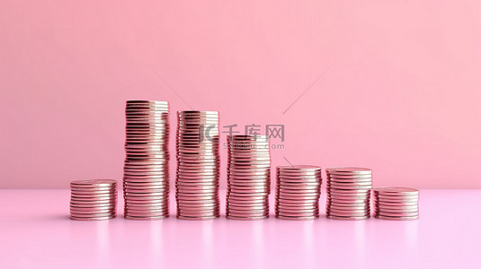 简约投资背景图片_粉红色背景上不断上升的简约硬币堆是商业投资和省钱 3D 渲染的象征
