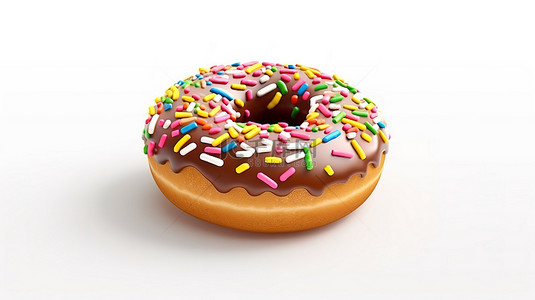 在这个白色背景上的 3D 渲染中，彩色糖粉装饰着巧克力冰甜甜圈，非常适合贺卡