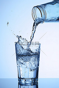 蓝色背景下的水倒入玻璃杯中