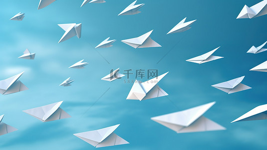 翱翔的纸飞机背景图片_纸飞机中队在 3D 渲染的蓝色背景中翱翔