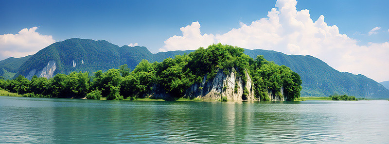 偏僻地区水面上的树木和山脉