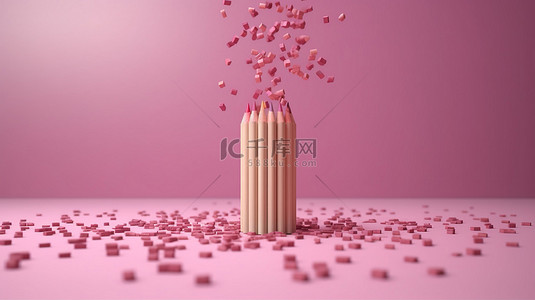 柔和色调的空中粉色铅笔以 3D 形式呈现教育和重返学校的极简主义表现
