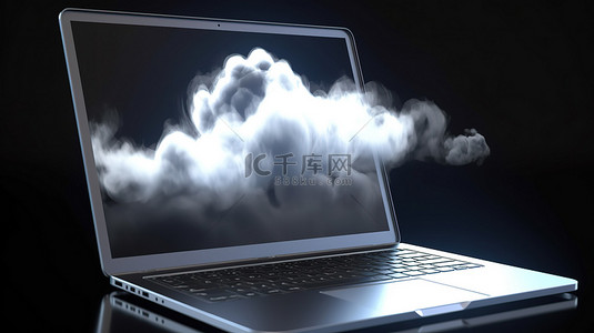 3D 渲染中具有白云的概念笔记本电脑描绘云计算