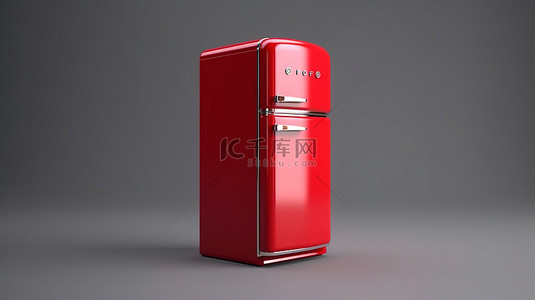 红色冰箱背景图片_从侧面看老式厨房用具单色复古红色冰箱的 3D 渲染