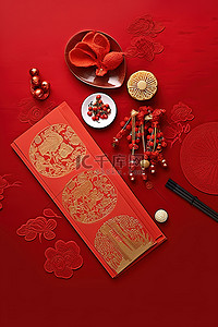 中国装饰品背景图片_一个年糕一根筷子和红色装饰品