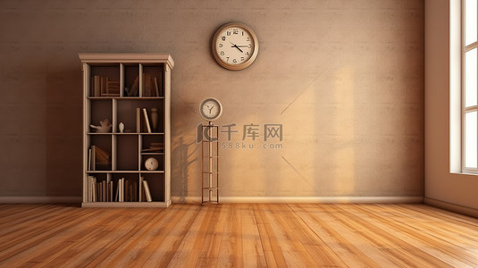 计时器空白背景图片_废弃的老式房间，配有书架立灯和 3D 渲染计时器