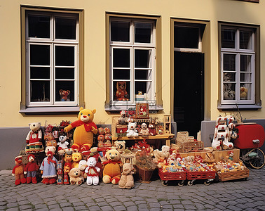 玩具堡背景图片_手工制作的玩具和在建筑物外出售的玩具