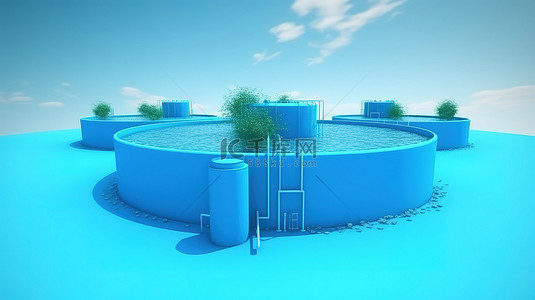 水生植物的蓝色背景 3D 渲染