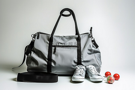 一个灰色手提包，里面有装备和一些鞋子
