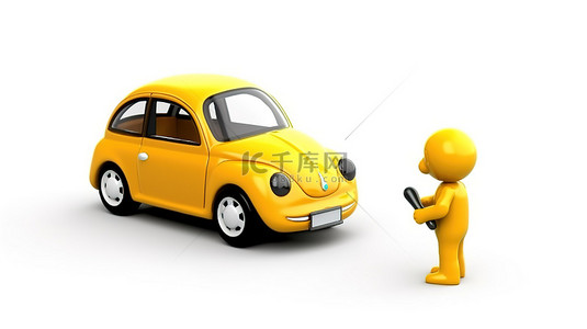 开车景象背景图片_异想天开的人物站在充满活力的玩具车旁边，反对 3D 渲染的空白白色表面
