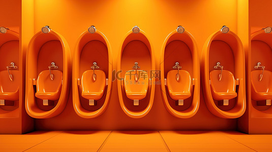 橙色背景公共卫生间中 3d 渲染的单色男式小便池