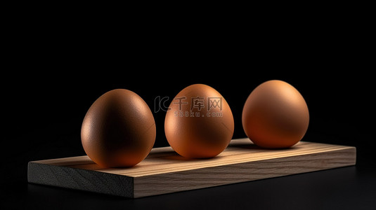 腊肉配料表背景图片_圆形木板上的三个鸡蛋，黑色背景上令人惊叹的 3D 渲染