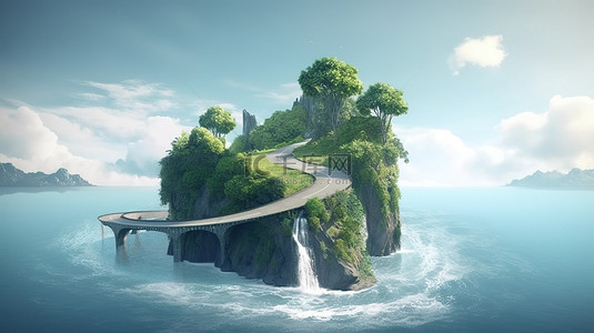 热带岛屿上方风景优美的浮动道路，配有层叠瀑布沙滩和海景 3D 渲染