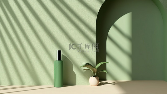 背景墙粉色背景图片_时尚的产品展示背景与遮阳阴影和绿色石膏墙 3D 渲染