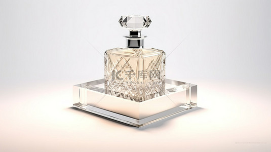 奢华精华香水瓶展示在光滑的白色表面上，配有优雅的白色盒子和 3D 水晶钻石