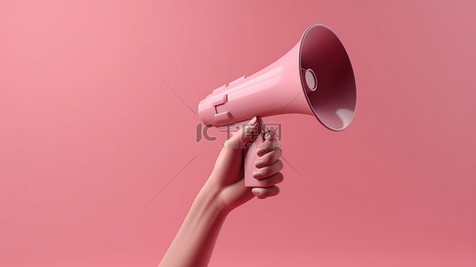 手拿喇叭背景图片_3D 渲染粉红色背景的插图，卡通手拿着扩音器扬声器