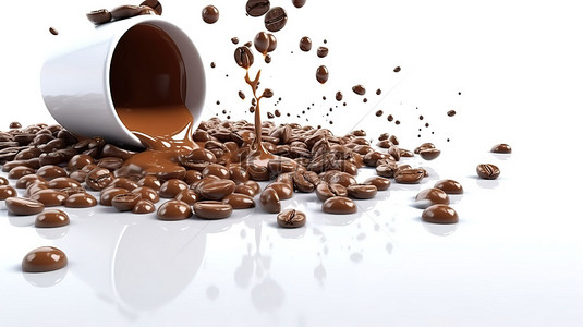 卡比背景图片_白色背景下溢出在白色表面上的咖啡颗粒的 3D 渲染