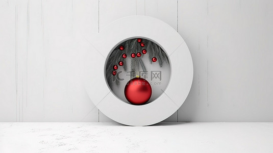 圆形圣诞边框背景图片_3d 插图圣诞树树枝圆框，白墙上有一个红球