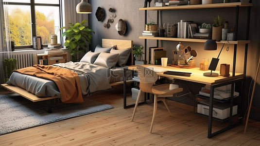 宽敞的卧室工作空间，配有舒适的椅子桌子书籍和笔记本电脑 3D 渲染