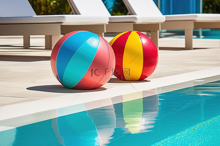 泳池边的彩色沙滩球