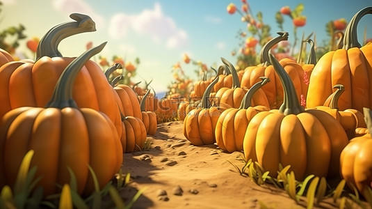 秋季南瓜卡通 3D 渲染插图，描述自然界中异想天开的蔬菜