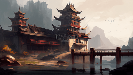 中国传统插画背景图片_寺庙中国风格插画