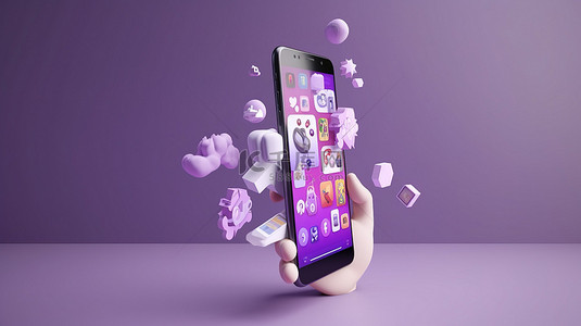紫色背景下在线教育概念的简约 3D 卡通手持智能手机