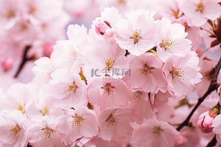 粉色，樱花背景图片_许多花朵的特写视图