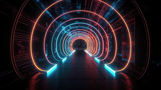 具有发光的霓虹灯圆形入口和渲染线的抽象虚拟现实隧道