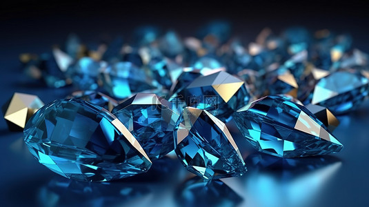 首饰设计展板背景图片_3D 渲染蓝色背景与珍贵的钻石晶体