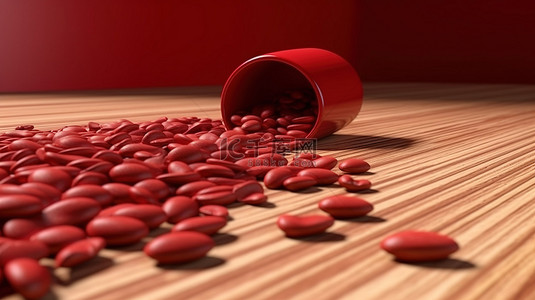 在自上而下的 3D 渲染中捕捉到的充满活力的红色木质表面上的一堆棕色咖啡豆种子