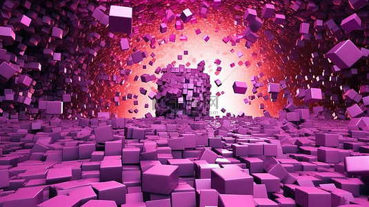 爆炸性数字背景充满活力的粉色和紫色 3D 立方体行星抽象水平视图