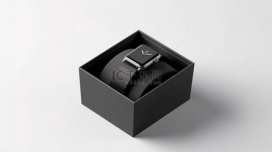 黑色当代智能手表和带白色背景礼品盒的表带的 3D 渲染