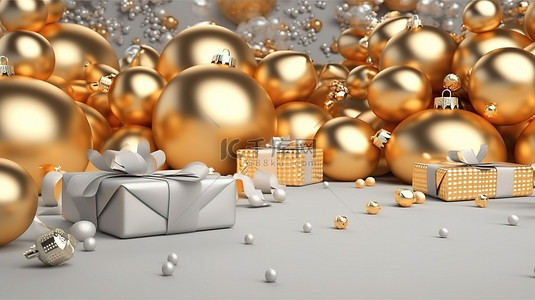 闪闪发光的冬季仙境 3D 渲染金色新年快乐或圣诞快乐背景