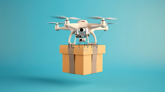 四轴飞行器无人机在蓝色背景下运送包裹，高效运输 3D 渲染的概念