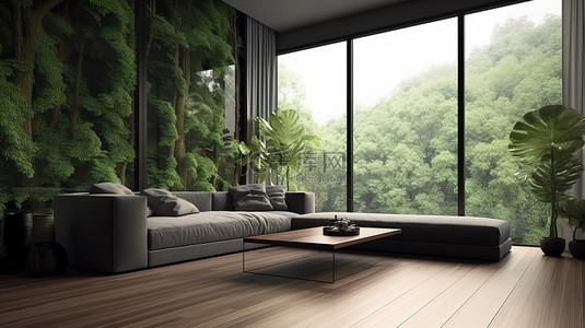 地板自然背景图片_以自然为灵感的现代客厅，木地板上铺有 3D 渲染沙发