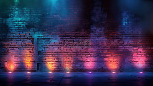 深蓝复古背景图片_废弃夜街上的照明复古砖墙，具有烟熏纹理和 3D 效果