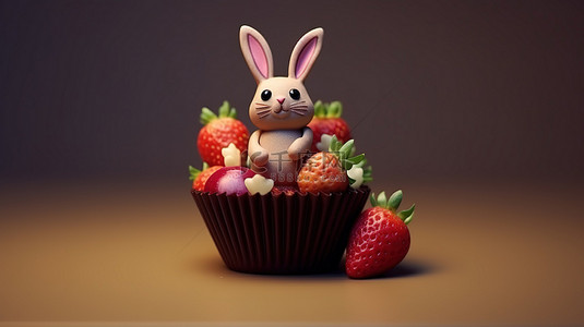 可爱的兔子和美味的草莓复活节彩蛋蛋糕的 3D 插图，由巧克力制成