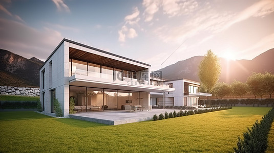 现代豪宅，拥有郁郁葱葱的草坪和雄伟的山景，3D 渲染