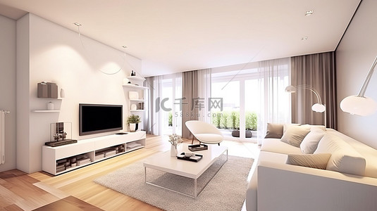 3D 渲染的当代一室公寓，拥有豪华的现代设计