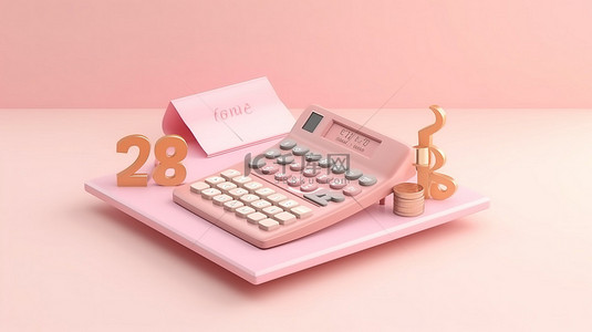 剪贴板上的财务规划，带有硬币和计算器，投资于粉红色背景 3D 渲染的未来储蓄
